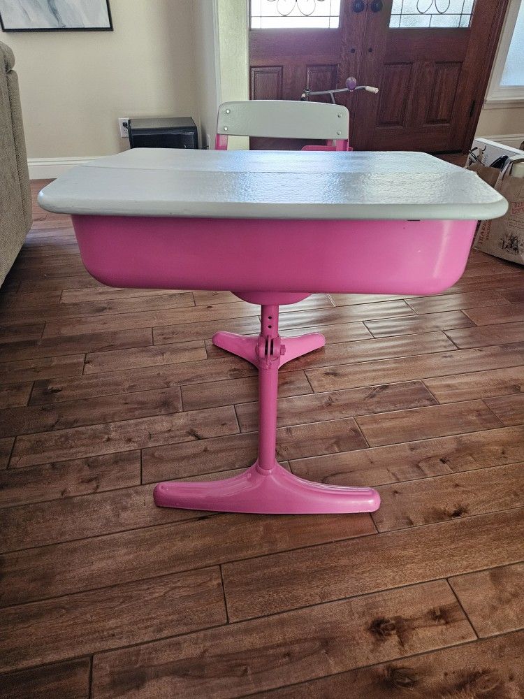 Pink and Gray refurbished school desk.