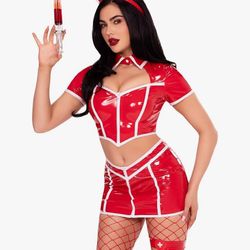 Leg Avenue: Nurse Costume, Sexy Vinyl Crop Top, Mini Skirt, Leg Garter and Nurse Headband