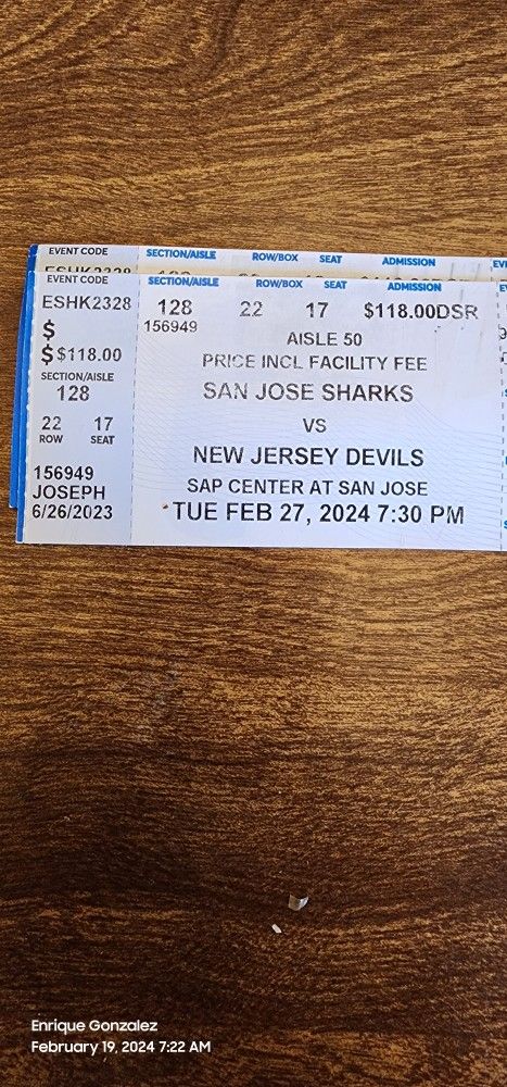 San Jose SHARKS VS New JERSEY Devils Feb. 27