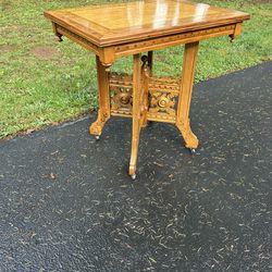 Ornate Detailed Inlay Victorian Eastlake Table With Inlay Top