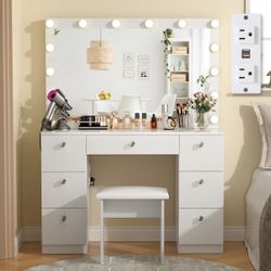 White Makeup Vanity with Lights, Mirror, Stool and Built-In Power Strip