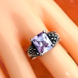 Vintage Sterling Silver 925 Princess Cut Lavender CZ Marcasite Ring