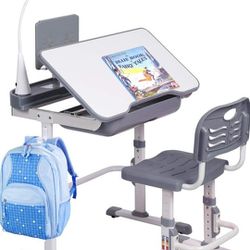 Kids' Desk and Chair Set, Height Adjustable with Tilt Desktop, LED Light, Storage Drawer, Book Stand