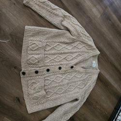 Vintage Pure Wool Cardigan Hand Knit Fisherman Cable Knit Sweate