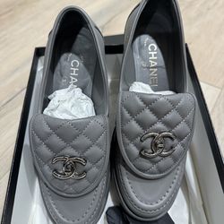 Chanel gray lambskin loafers