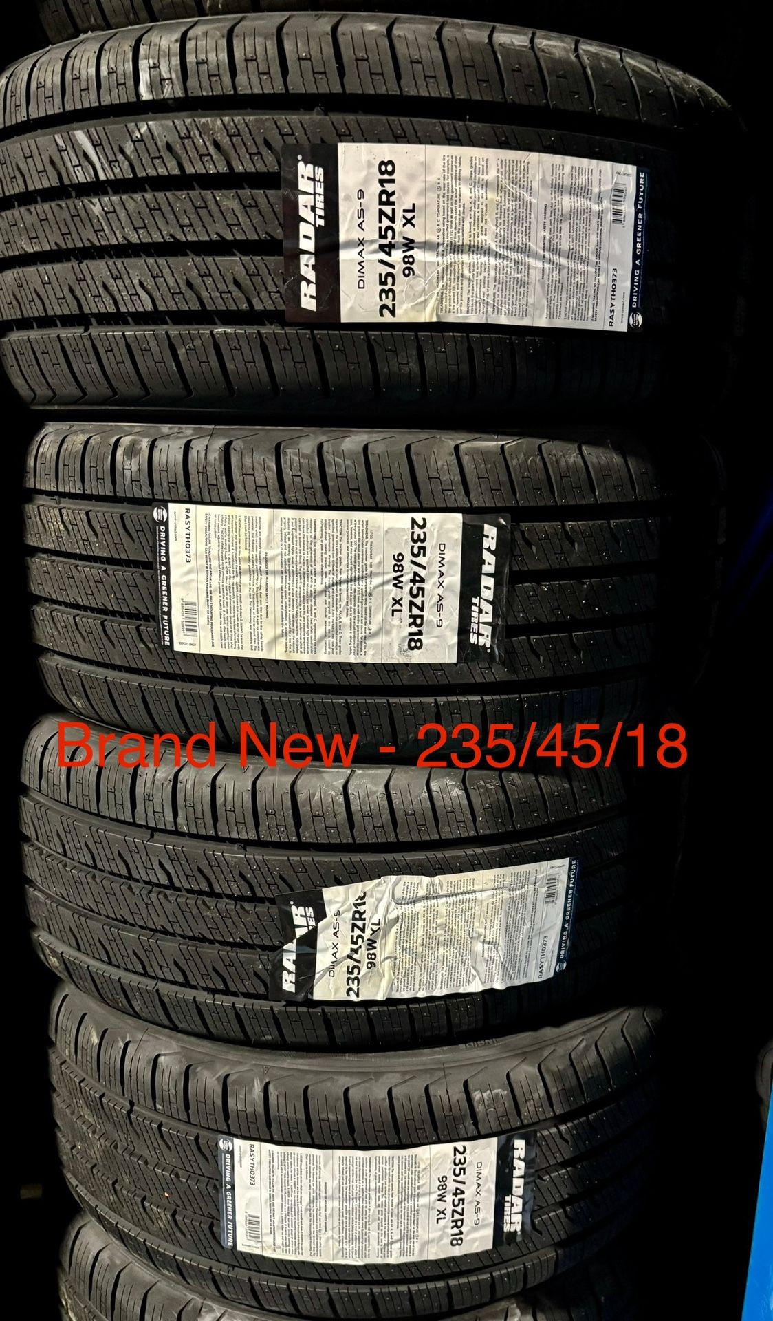 (4) - 235/45/18 Radar Dimax AS-9 Tires