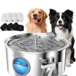 Dog Water Fountain Stainless Steel: 7L/1.8Gal Large Dog Fountains Quiet Automatic pet Drinking Dispenser 