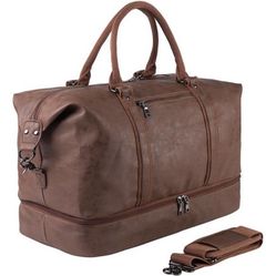 Leather Travel Bag with Shoe Pouch Weekender Overnight Bag Waterproof Brown