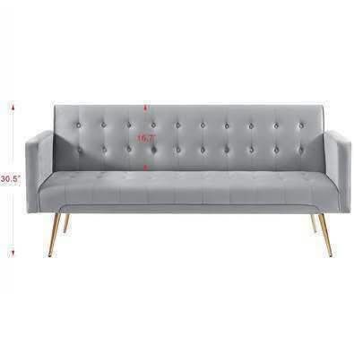 New Grey Mid Century Futon. Velvet Sofa Bed with Armrests, Gold Metal Legs, Adjustable Back