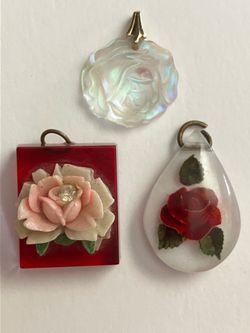 3 x Antique ROSE Theme Charm Pendant Bundle - Vintage Flower Jewelry