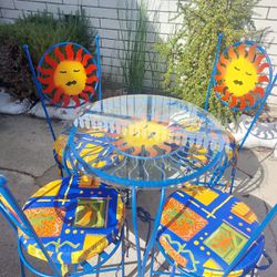  Mexican Hand Painted Wrought Iron Table + Chairs 