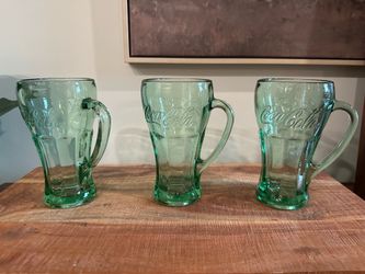 Vintage Coca-Cola Green Glass Mug Set (3) – Heavy Embossed Coke Collector Glasses