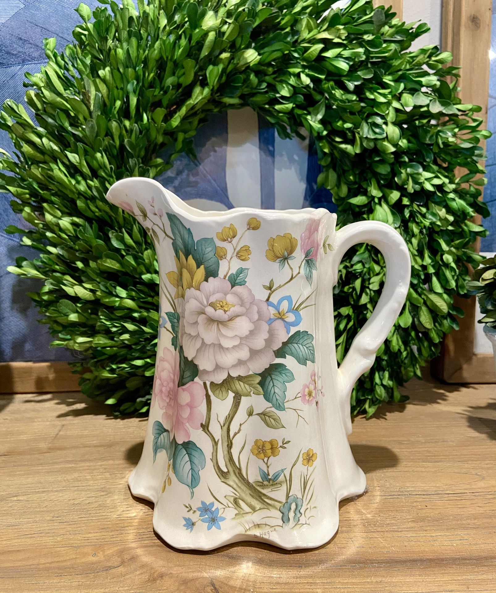 Vintage Transferware  Floral/Chinoiserie Porcelain Pitcher. Signed  D Hague 