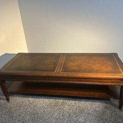 Brown Mahogany leather top 2 tier coffee table with wheels