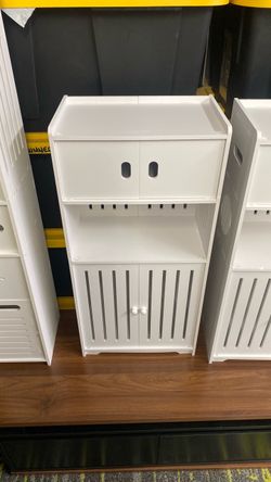 White Storage Cabinet with Open Shelf