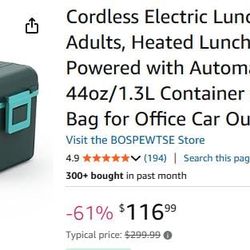 Cordless Electric Lunch Box Battery Powered with Automatic Heating, 44oz/1.3L