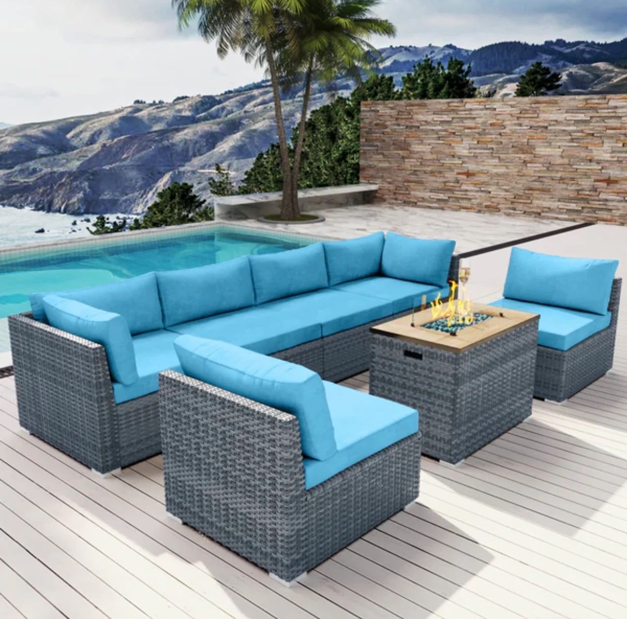 4 Inch Big Outdoor Patio Furniture Set | Yellow | Sectional | Propane Fire Pit Table Grey Wicker