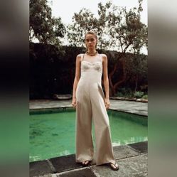 NEW Zara Linen Designer Beige Tan Topstich Sleeveless Jumpsuit Pant Suit XS