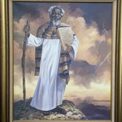 Oil Painting Of Moses Holding 10 Commandments