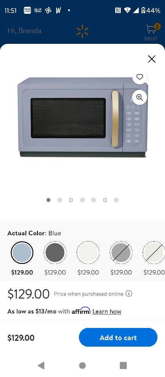 Microwave 1.1cubic  1000 Watts Cornflower  Blue