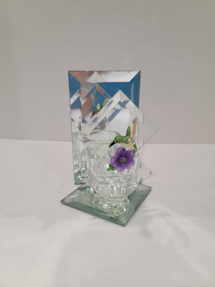 Multi Faceted Geometric Glass Mirror Tea Light Candle Holder w/ Hummingbird