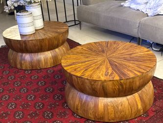 Round Solid Wood Coffee Table Set of 2