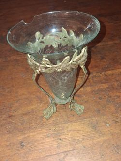 Antique Cut Glass Vase with Brass Foliage Stand