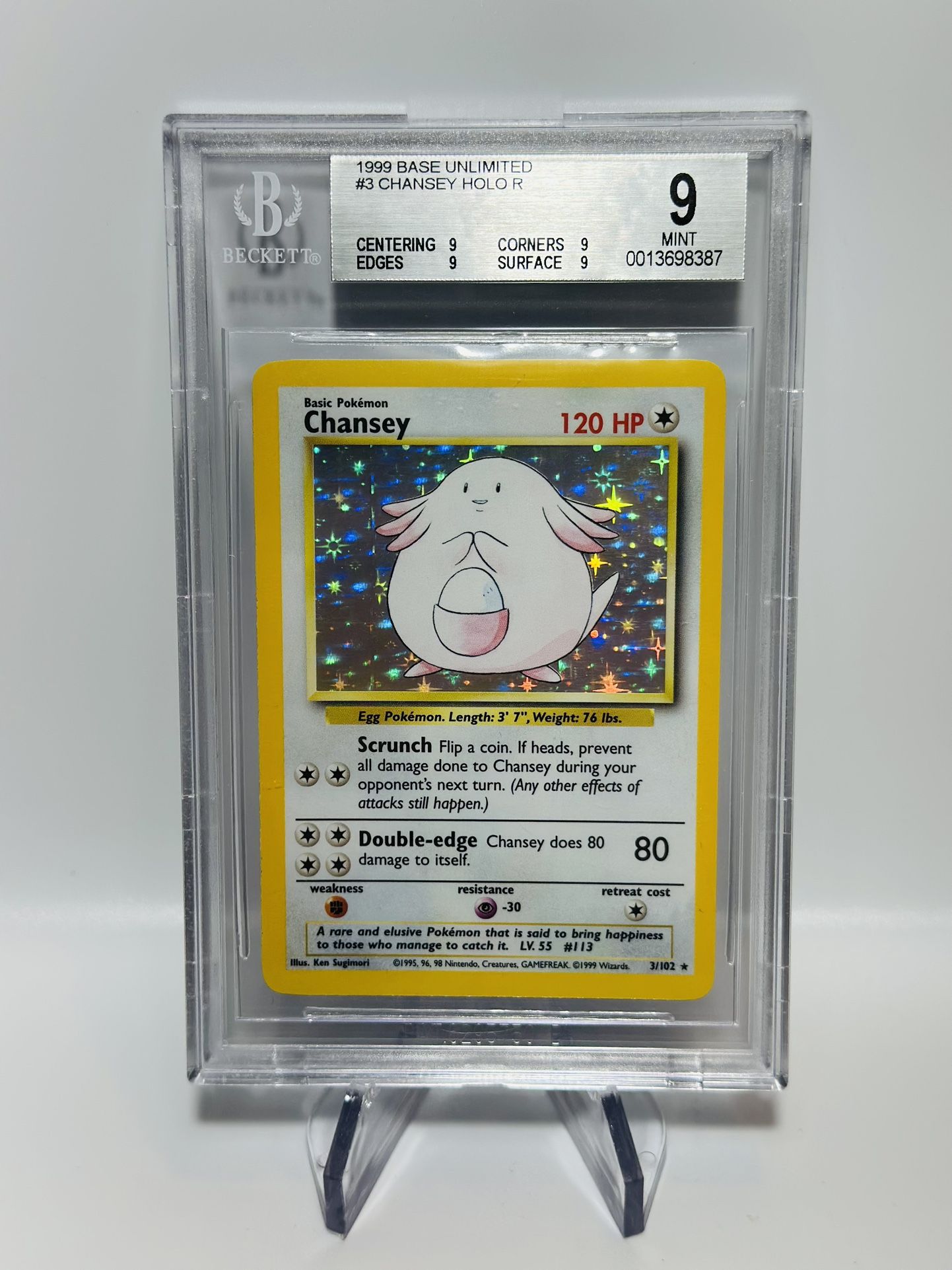 Pokemon Chansey Base Set Unlimited Holo Rare 3/102 - BSG Beckett 9