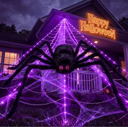 Halloween Decorations Spider Web Lights, 255 LED 16.4Ft Light Up Spider Web, Scary Lighted Outdoor Halloween Decoration for Yard Lawn Haunted House In