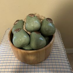 11 Ceramic Pears + Handmade Wooden Bowl 