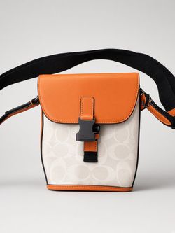 Coach Track Small Flap Crossbody C3134 – Signature Canvas + Orange Leather
