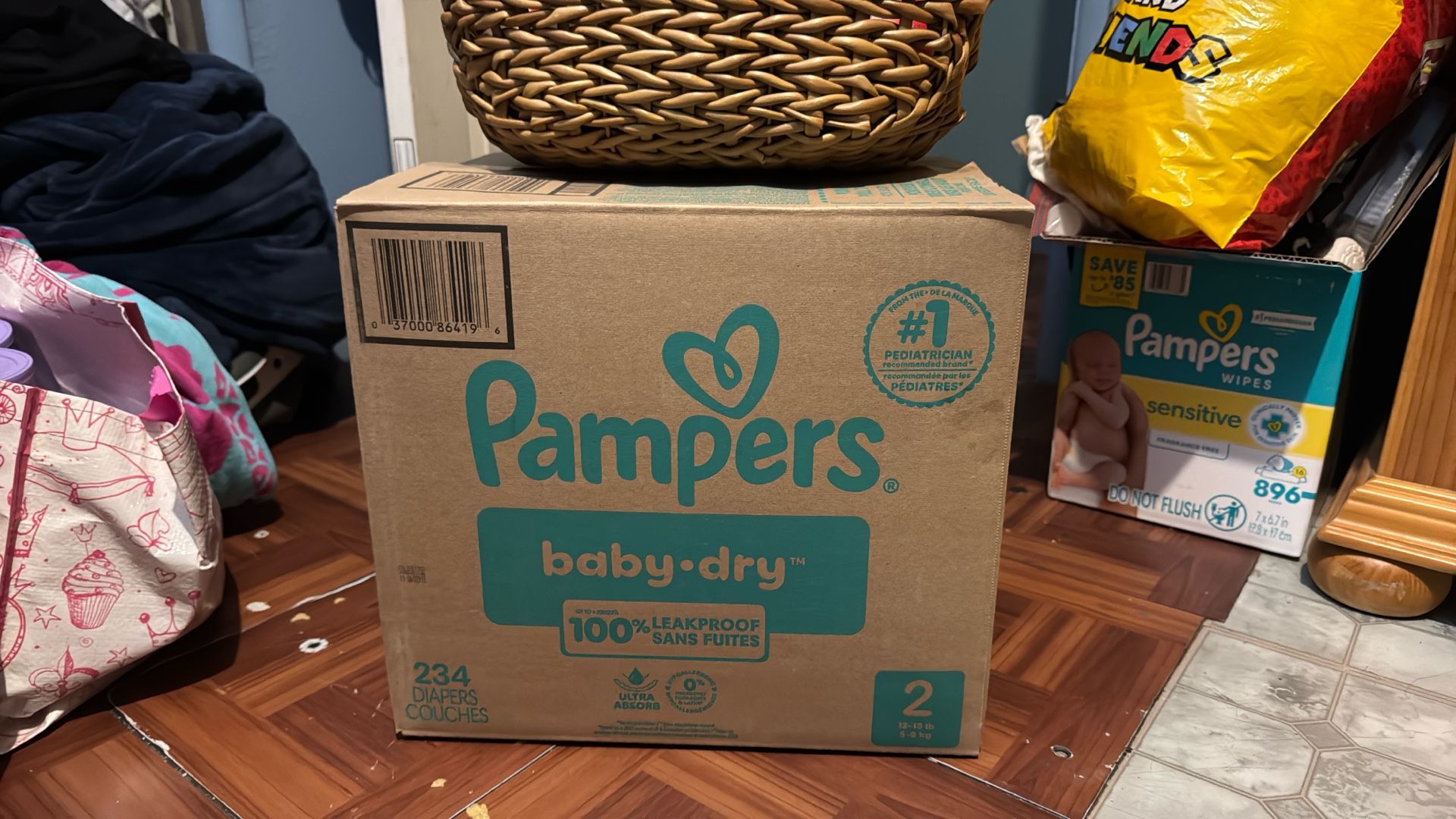 Box of baby size 1 diapers (unused)