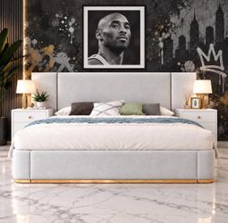 Queen Size Gray Canary Modern Upholstered Platform Bed Frame.