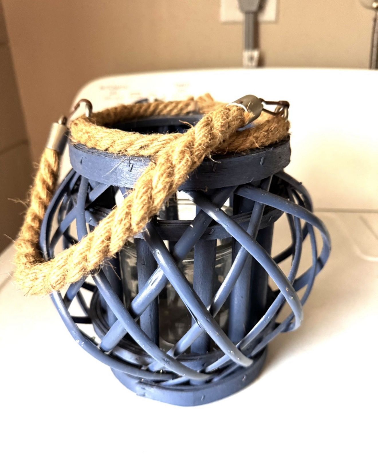 Large Wood Nautical Candle Holder With Glass Insert