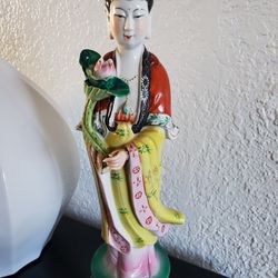 Vintage Lotus Pond Guan Yin Porcelain Statues