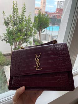 Pre Owned YSL Saint Laurent Burgundy Croc Embossed Leather Shoulder Bag Gold Hardware Luxury Handbag