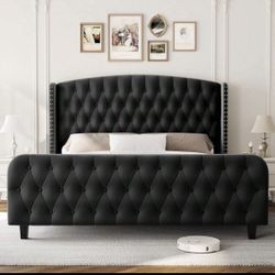 2 Color Black And Beige Velvet CuisinSmart 51” Tall Queen/ Size Bed Frame. No Box Spring Needed. New In Original Box. 