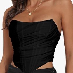 Black Vintage Strapless Open Back Boned Mesh Bustier Zip Back Corset Bodyshaper Crop Top