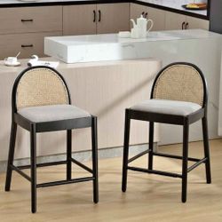 Modern Linen Counter Stools Set of 2, 26" Seat Height Low Bar Stools with Wooden Legs
