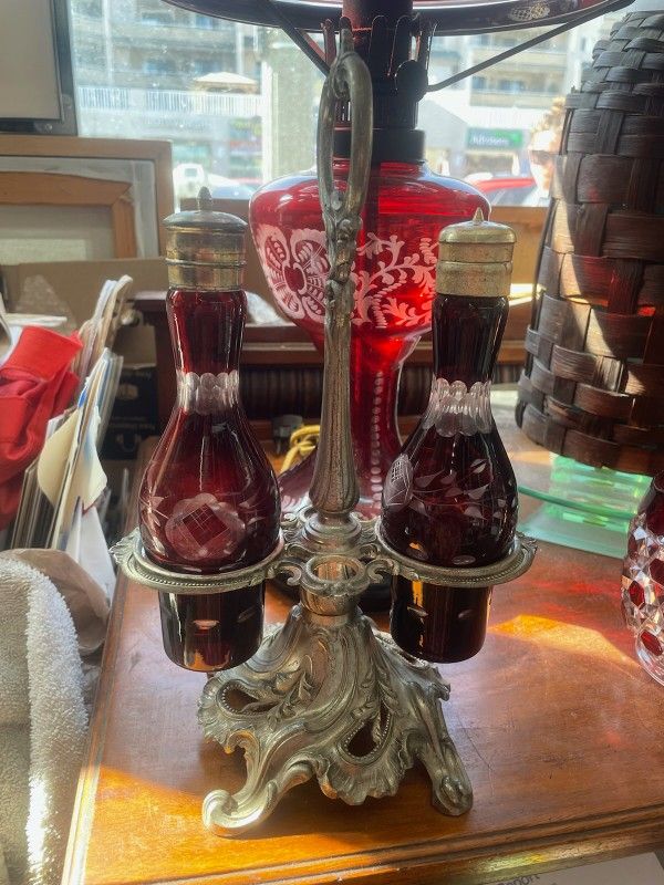 Antique Ruby Glass Cruet Set With Stand Etched Bohemian Glass 