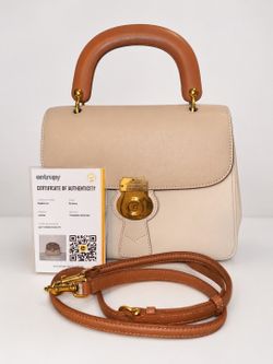 Burberry Beige Medium Satchel Top Handle Turn Lock Detachable Strap Gold HW