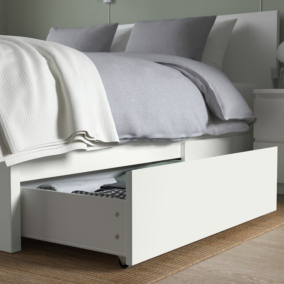 White Bed Frame, 2 Storage Pull Drawers, Queen Size 