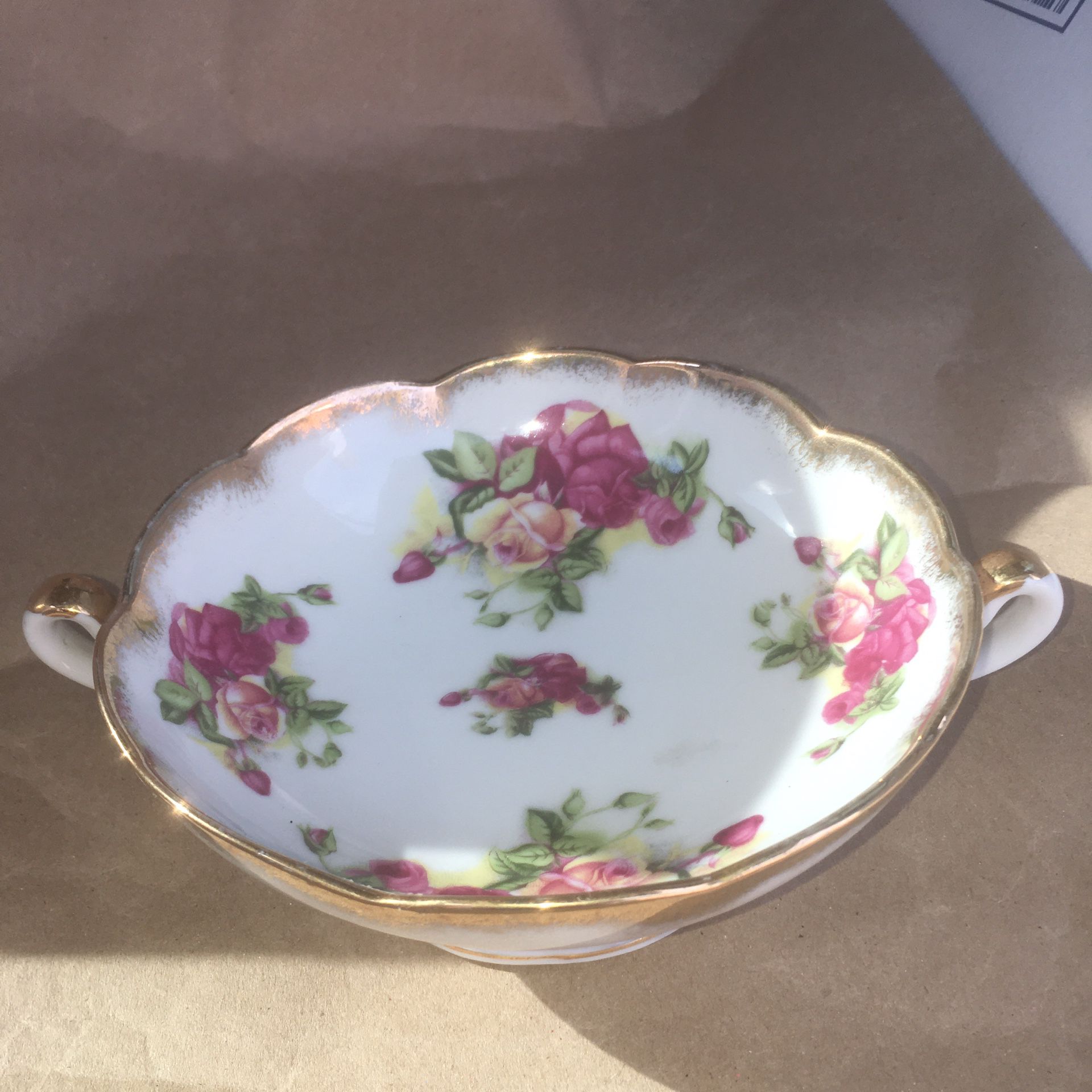 Floral gold dish antique china glassware vintage white floral