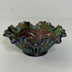 Antique Imperial Scroll Carnival Glass Bowl Iridescent Amethyst Scalloped Ruffle