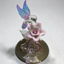 Glass Baron Hummingbird Figurine with Pink Rose
