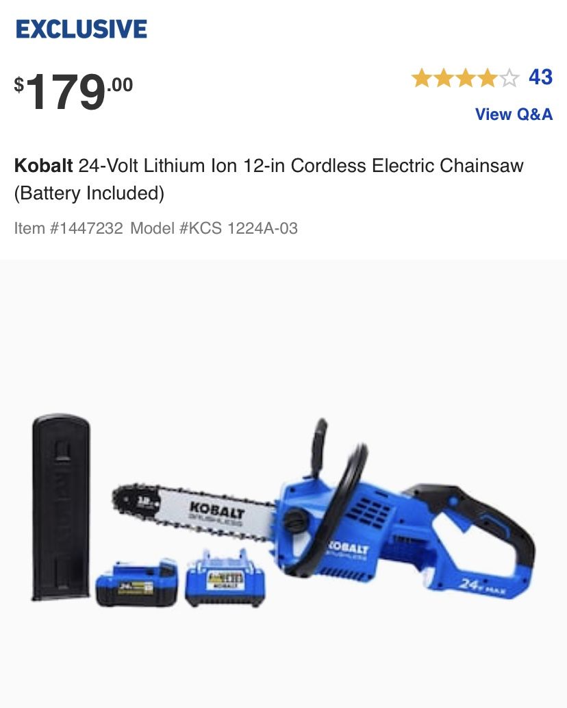 Kobalt 24-Volt Lithium Ion 12-in Cordless Electric Chainsaw (Battery  Included) for Sale in Concord, NC - OfferUp