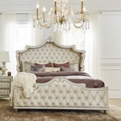 Queen Bed Frame With A Majestic Design Ivory Velvet Crystal Tufted Nailhead Trim Accent 79” Tall Box Spring Required Brand New In Box Firm Price $899