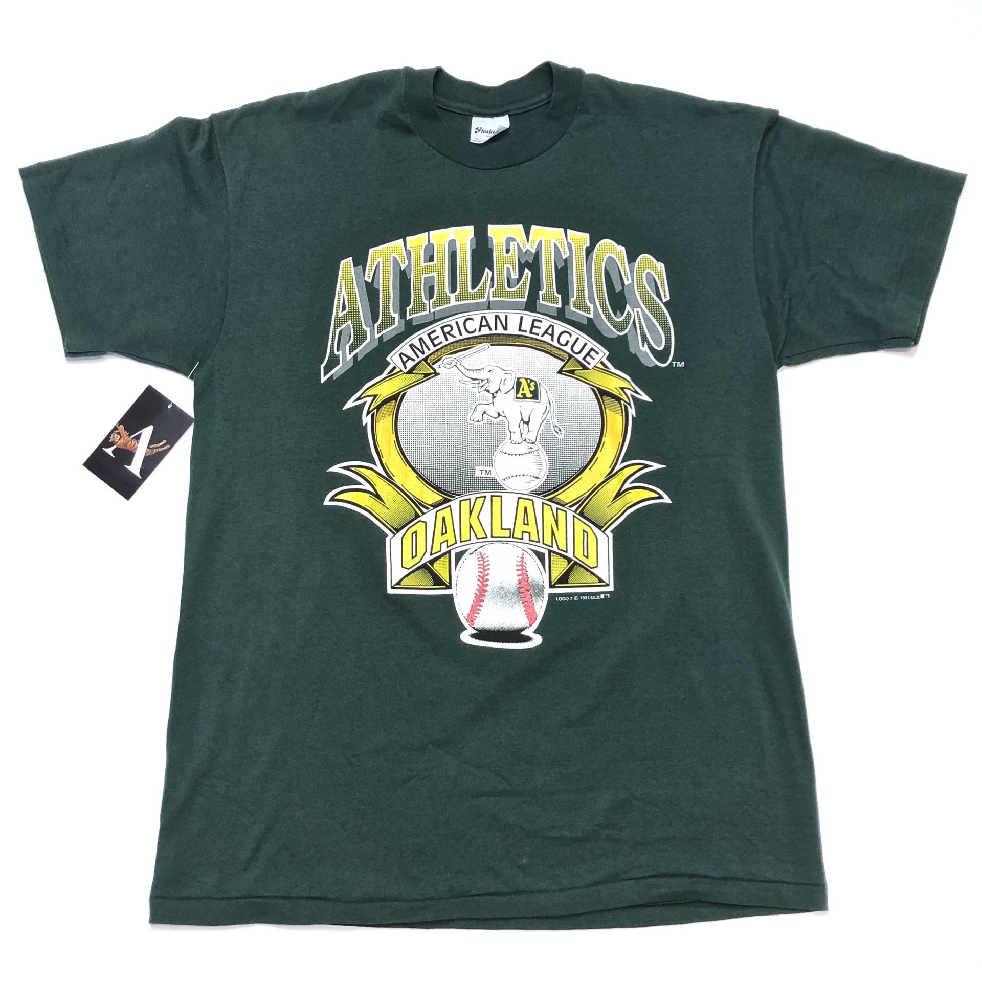1991 Oakland Athletics Logo 7 MLB vintage Tee Shirt Large Green Yellow
