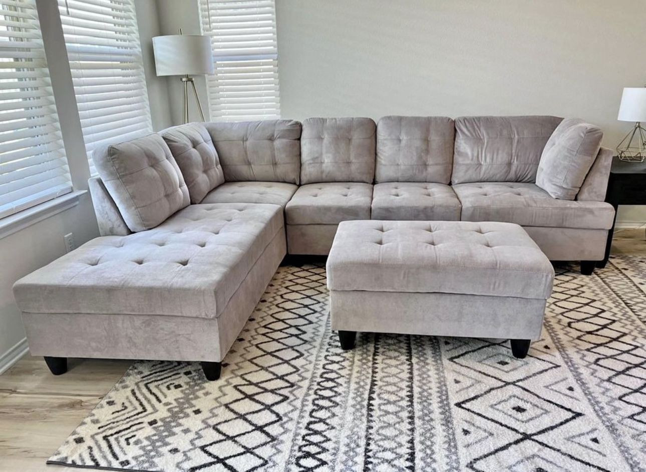 COSTCO Gray Chenille Sectional Couch And Ottoman