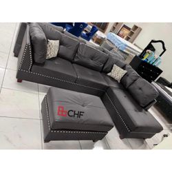 Living room faux leather sectional sofa with ottoman  